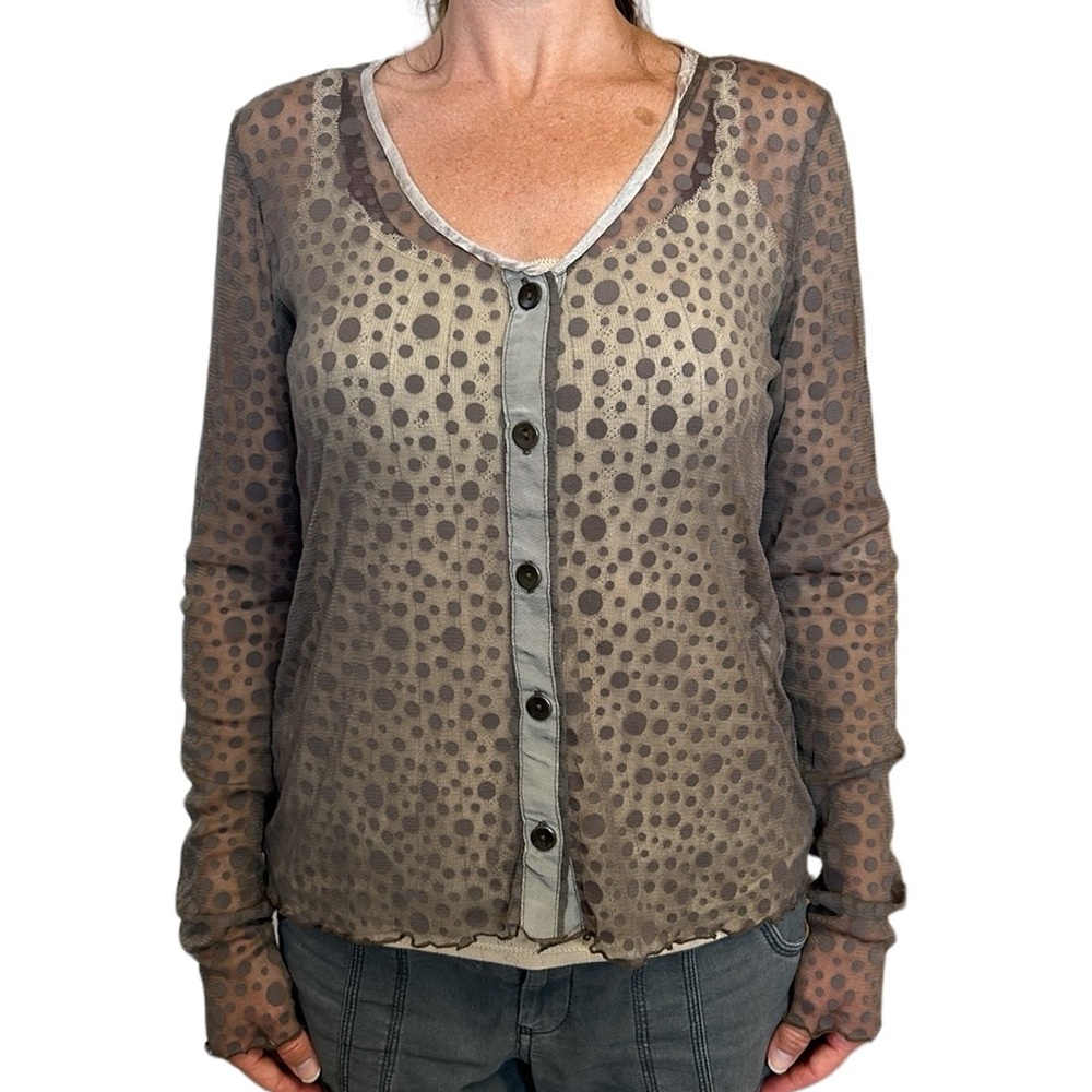 Neesh by D.A.R Anthropologie Sheer Polka Dot Cardigan Top Gray/Brown M - Picture 4 of 11